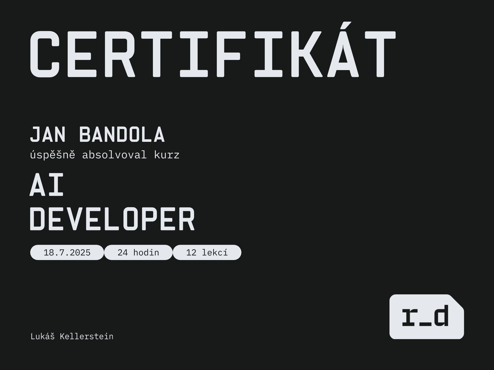 Certifikát kurzu AI Developer od Jana Bandoly