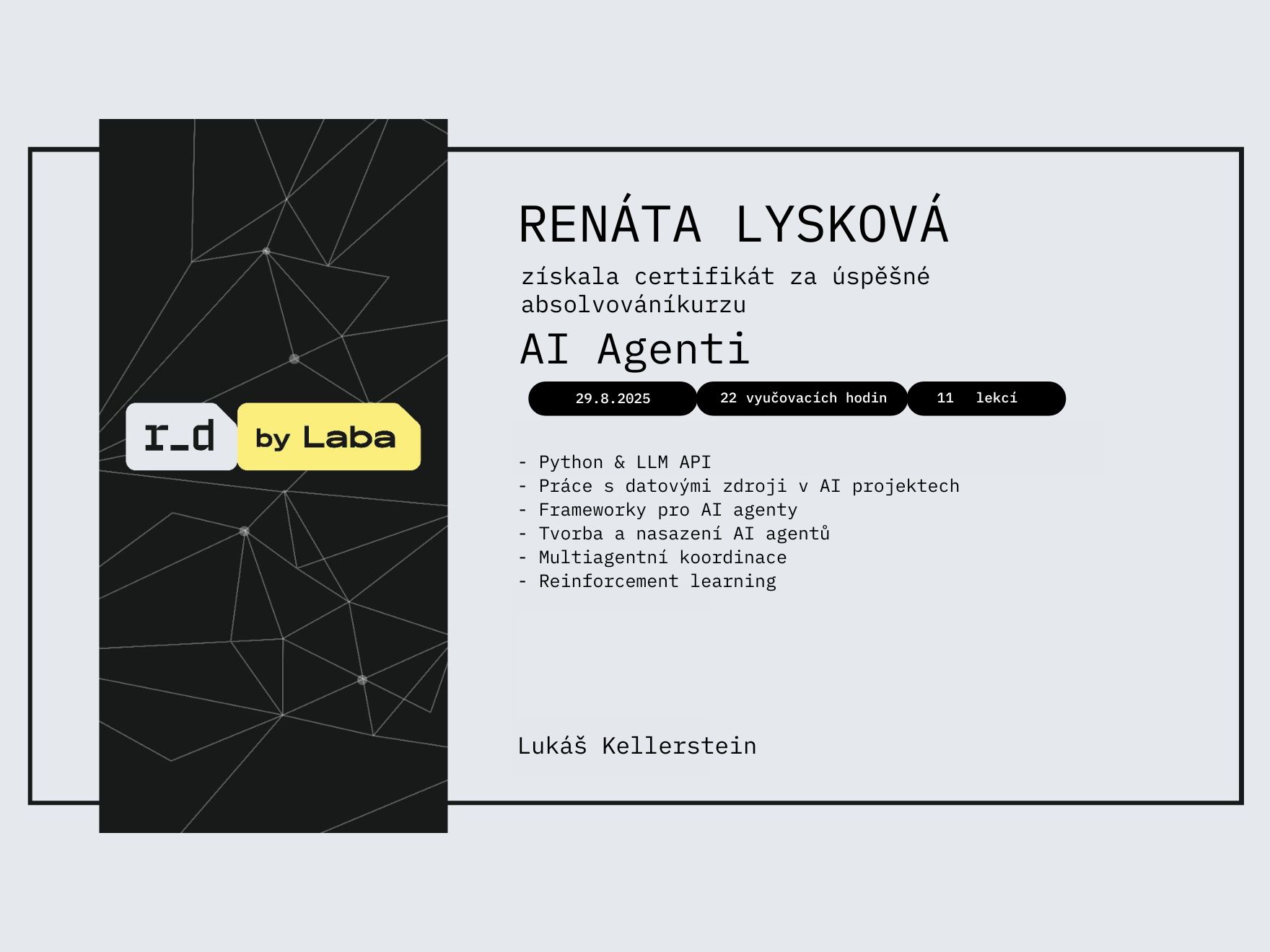 Certifikát kurzu AI Agenti od Terezie Ocelkové